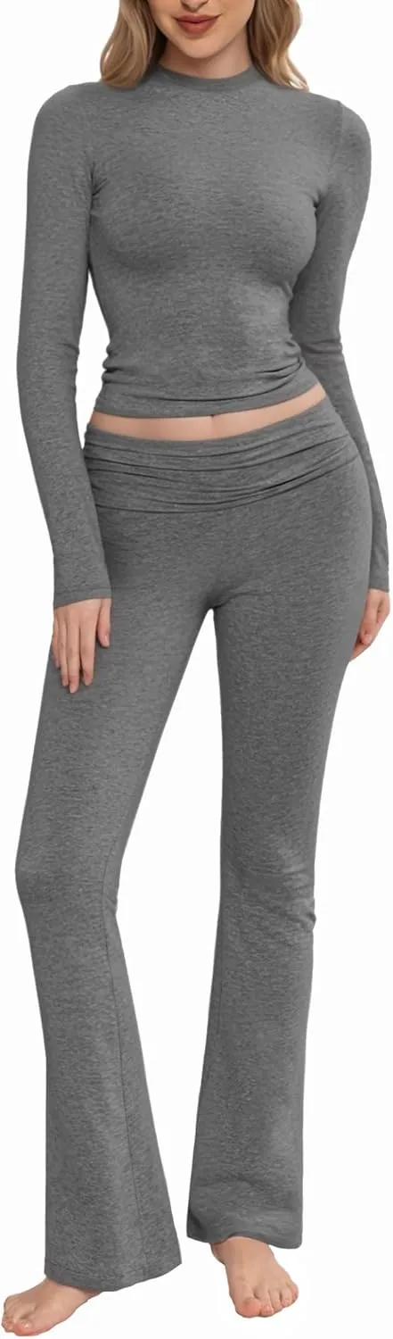 MANGOPOP 2 Piece Lounge Sets for Women Fold Over Flare Pants Long Sleeve Shirts Casual Outfits