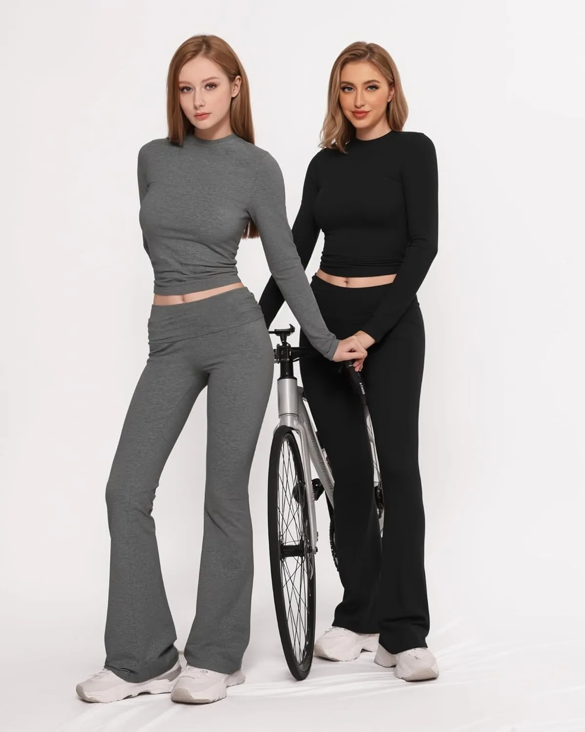 MANGOPOP 2 Piece Lounge Sets for Women Fold Over Flare Pants Long Sleeve Shirts Casual Outfits