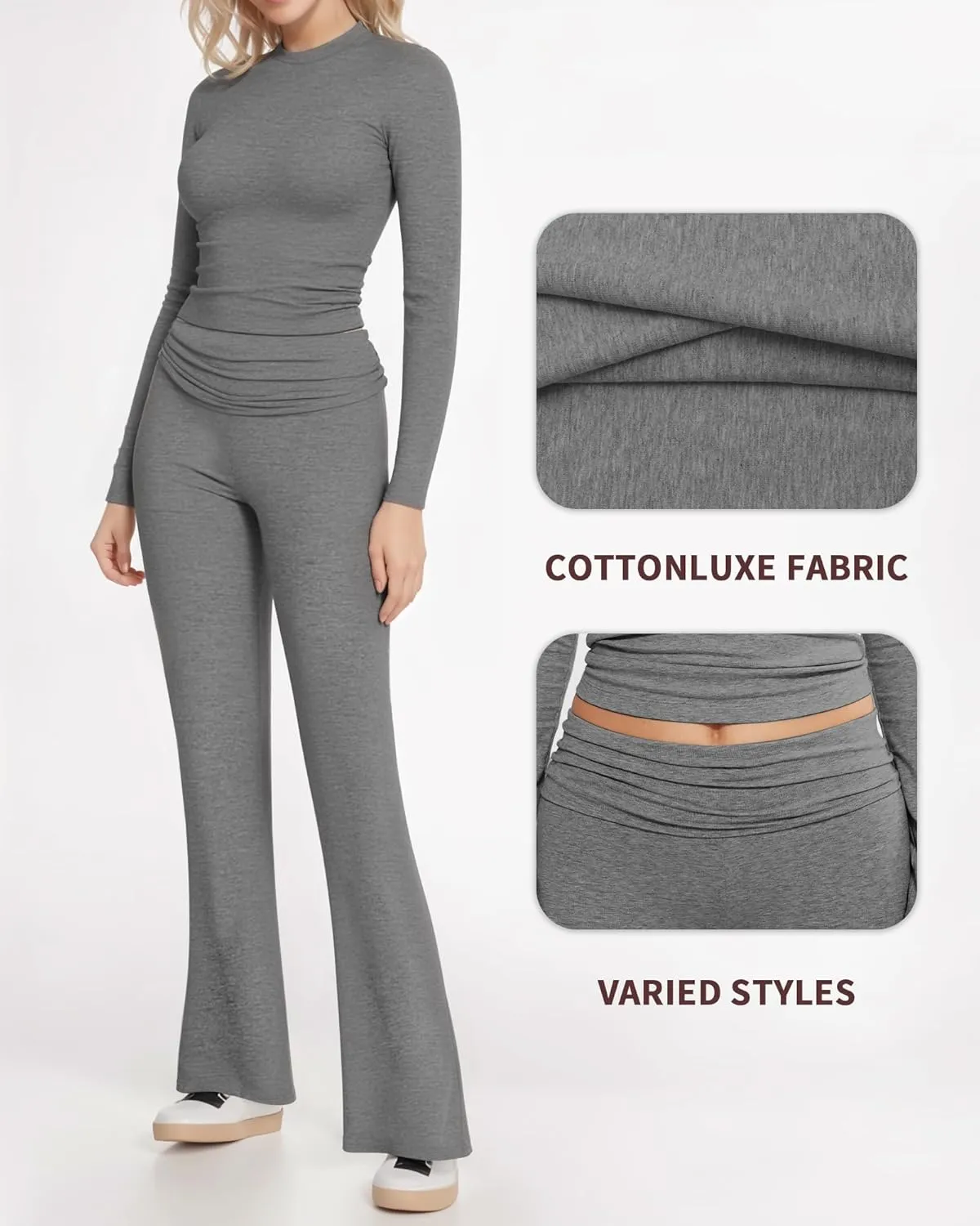 MANGOPOP 2 Piece Lounge Sets for Women Fold Over Flare Pants Long Sleeve Shirts Casual Outfits