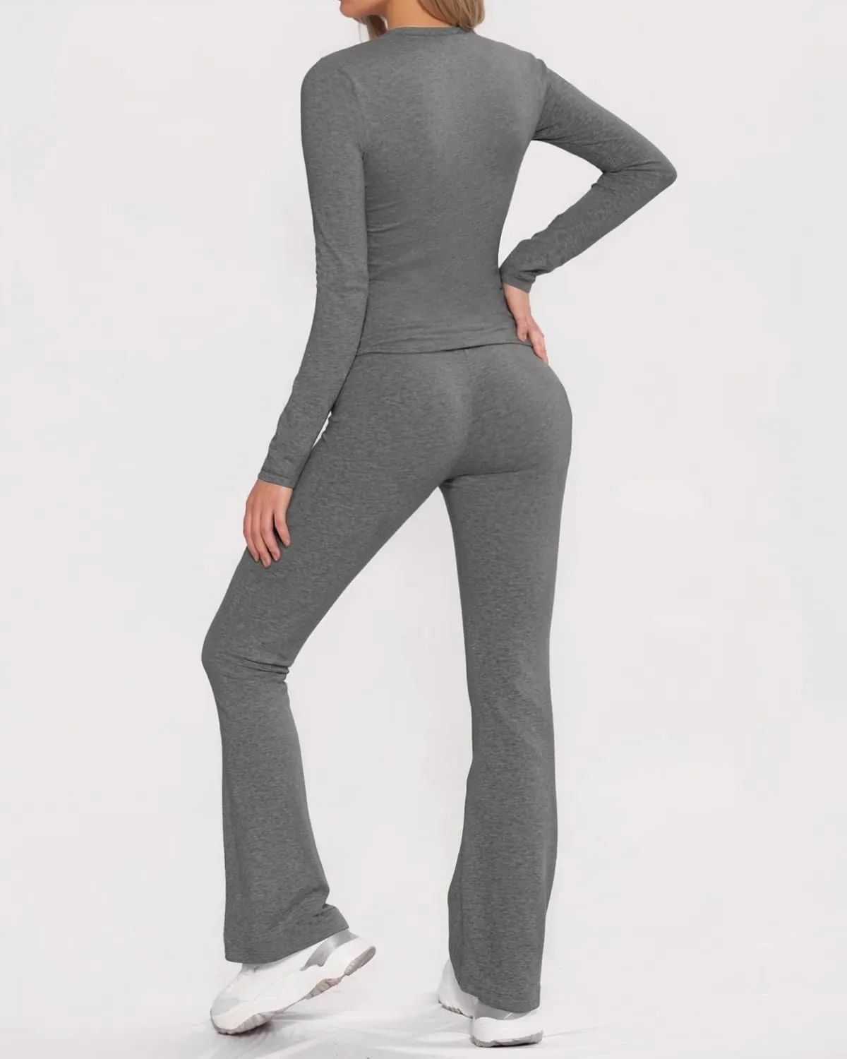 MANGOPOP 2 Piece Lounge Sets for Women Fold Over Flare Pants Long Sleeve Shirts Casual Outfits