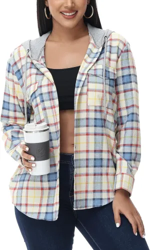 MCEDAR Women's Oversized Flannel Shirts Plaid Hoodie Long Sleeve Button Down Plus Size Casual Plaid Shirt Jacket (S-4X)