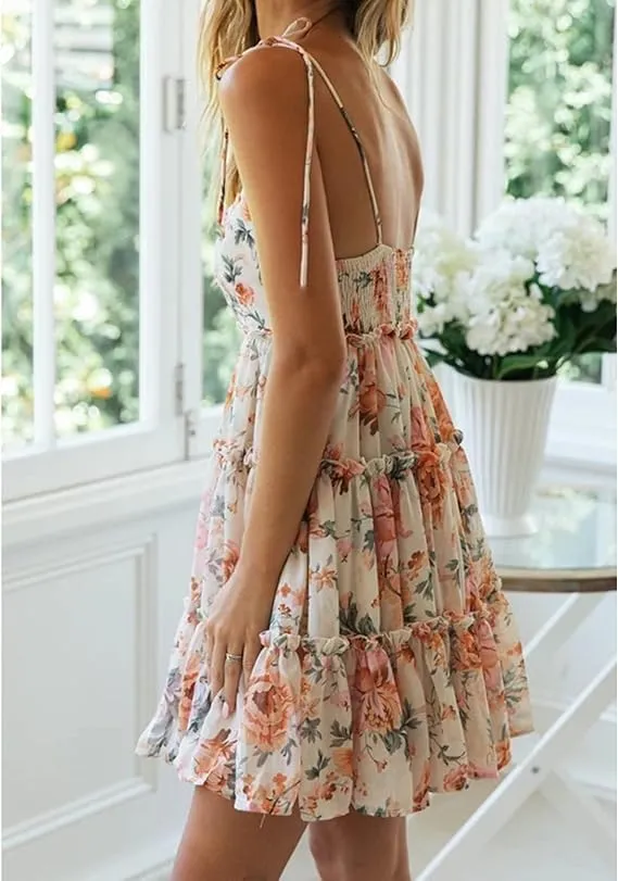 Melliflo Women's Boho Floral Spaghetti Strap Mni Dress Corset Ruffle Hem Flowy Sundress Casual Sleeveless Summer Beach Dress