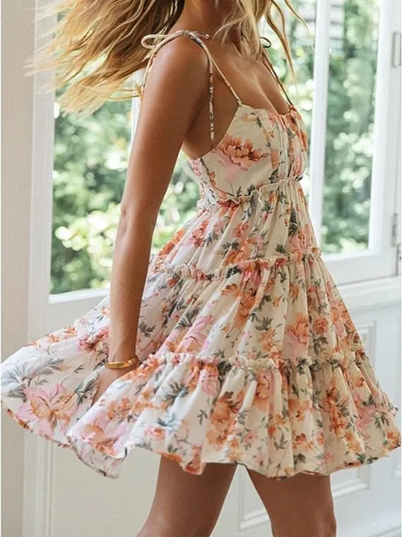 Melliflo Women's Boho Floral Spaghetti Strap Mni Dress Corset Ruffle Hem Flowy Sundress Casual Sleeveless Summer Beach Dress