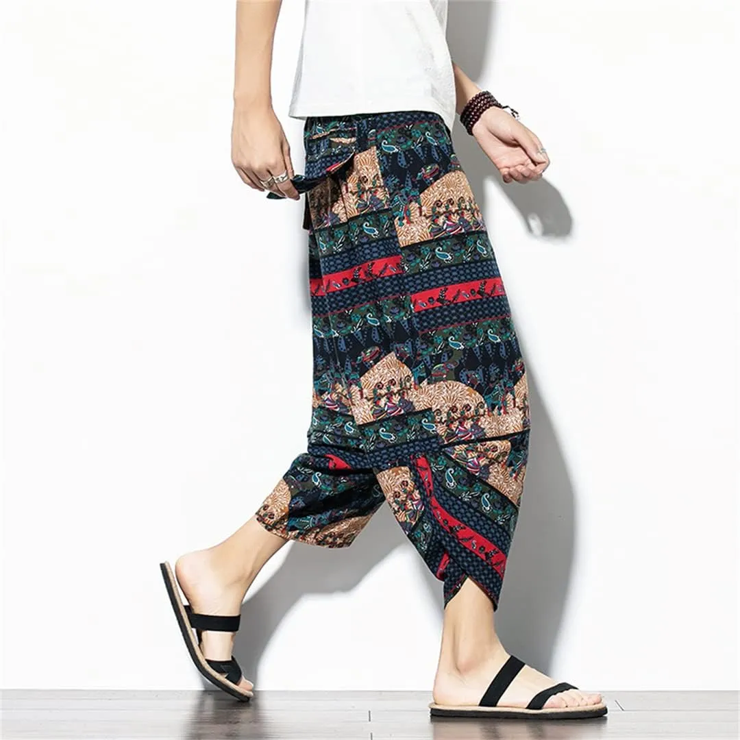 Men Cotton Harem Pants Hip Hop Trousers Cross Bloomers Calf-Length Pants Joggers Streetwear Pants