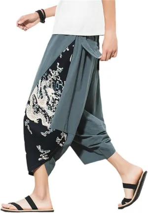 Men Harajuku Harem Pants Cotton Joggers Calf-Length Pants Vintage Chinese Style Print Trousers