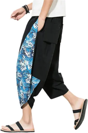 Men Harajuku Harem Pants Summer Cotton Joggers Calf-Length Pants Vintage Chinese Style Print Trousers Sea Blue