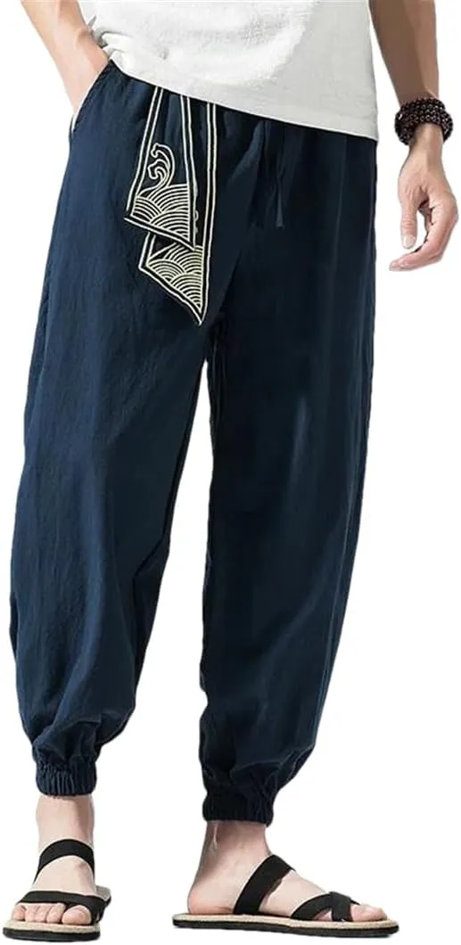 Men Linen Japanese Print Belt Vintage Harem Pants Mens Hip Hop Harajuku Baggy Trousers