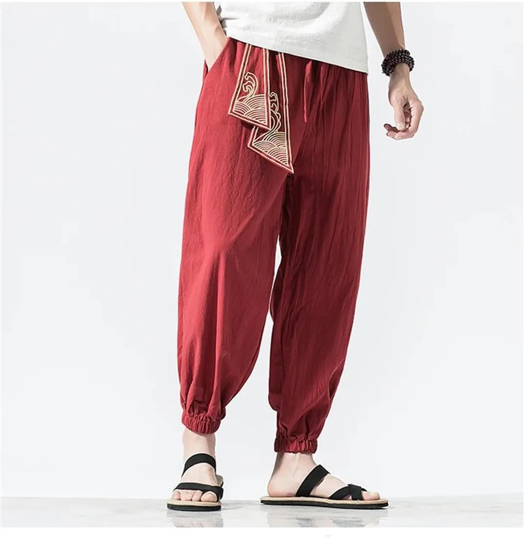 Men Linen Japanese Print Belt Vintage Harem Pants Mens Hip Hop Harajuku Baggy Trousers