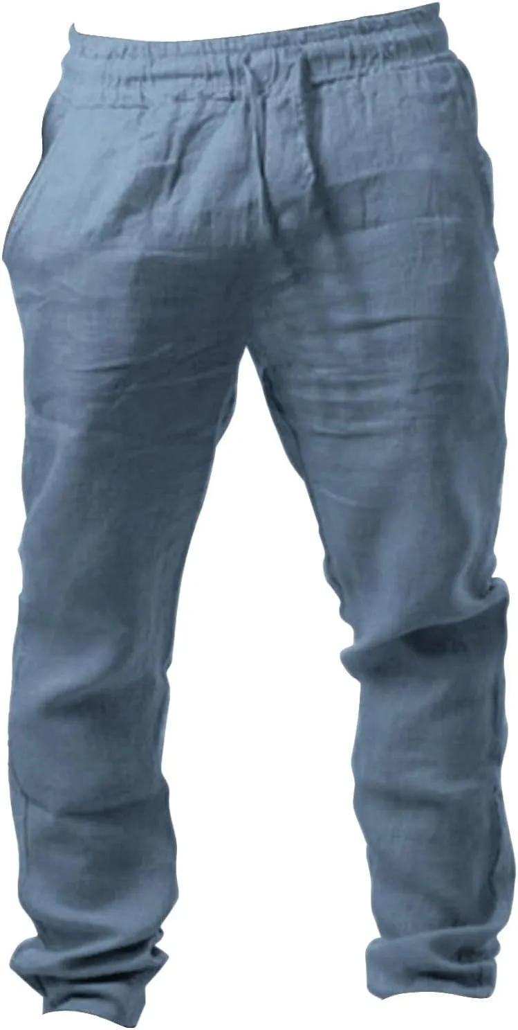 Men' S Cotton Linen Trousers Solid Color Breathable Loose Casual Pants Elastic Drawstring Joggers Yoga Beach Pants