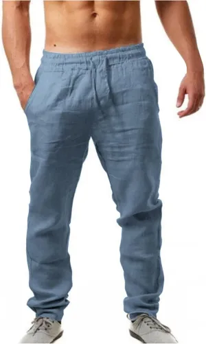 Men' S Cotton Linen Trousers Solid Color Breathable Loose Casual Pants Elastic Drawstring Joggers Yoga Beach Pants