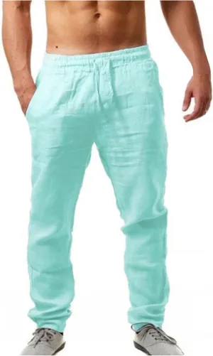 Men' S Cotton Linen Trousers Solid Color Breathable Loose Casual Pants Elastic Drawstring Joggers Yoga Beach Pants
