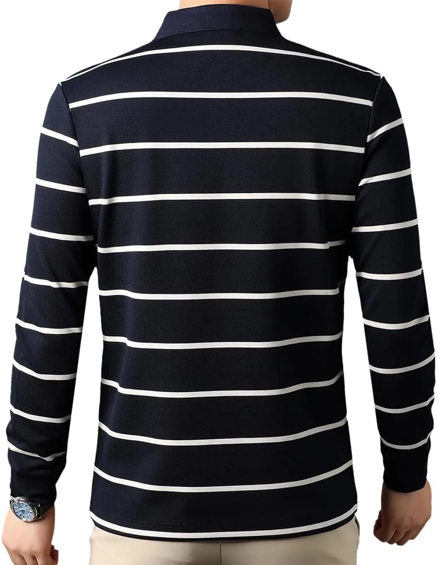 Mens Casual Button Up Striped Long Sleeve Collared T Shirt Polo Shirts
