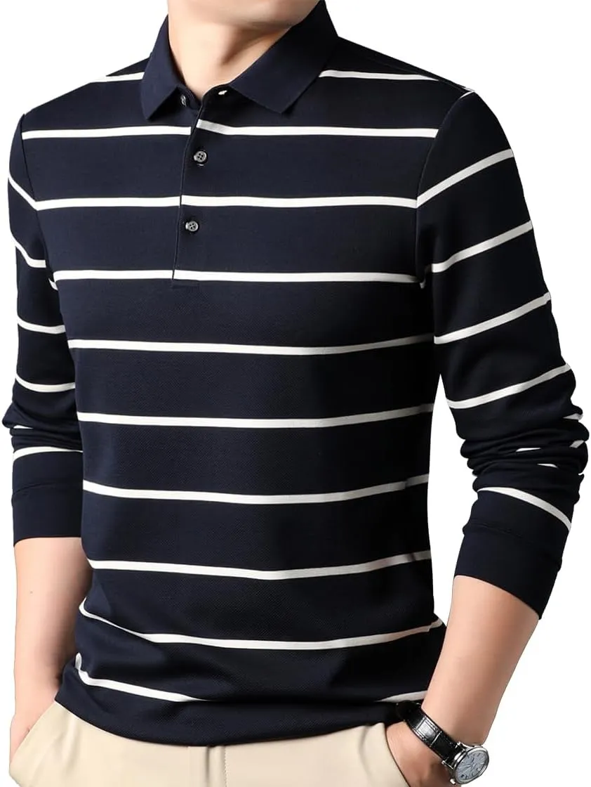 Mens Casual Button Up Striped Long Sleeve Collared T Shirt Polo Shirts
