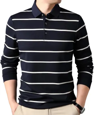 Mens Casual Button Up Striped Long Sleeve Collared T Shirt Polo Shirts