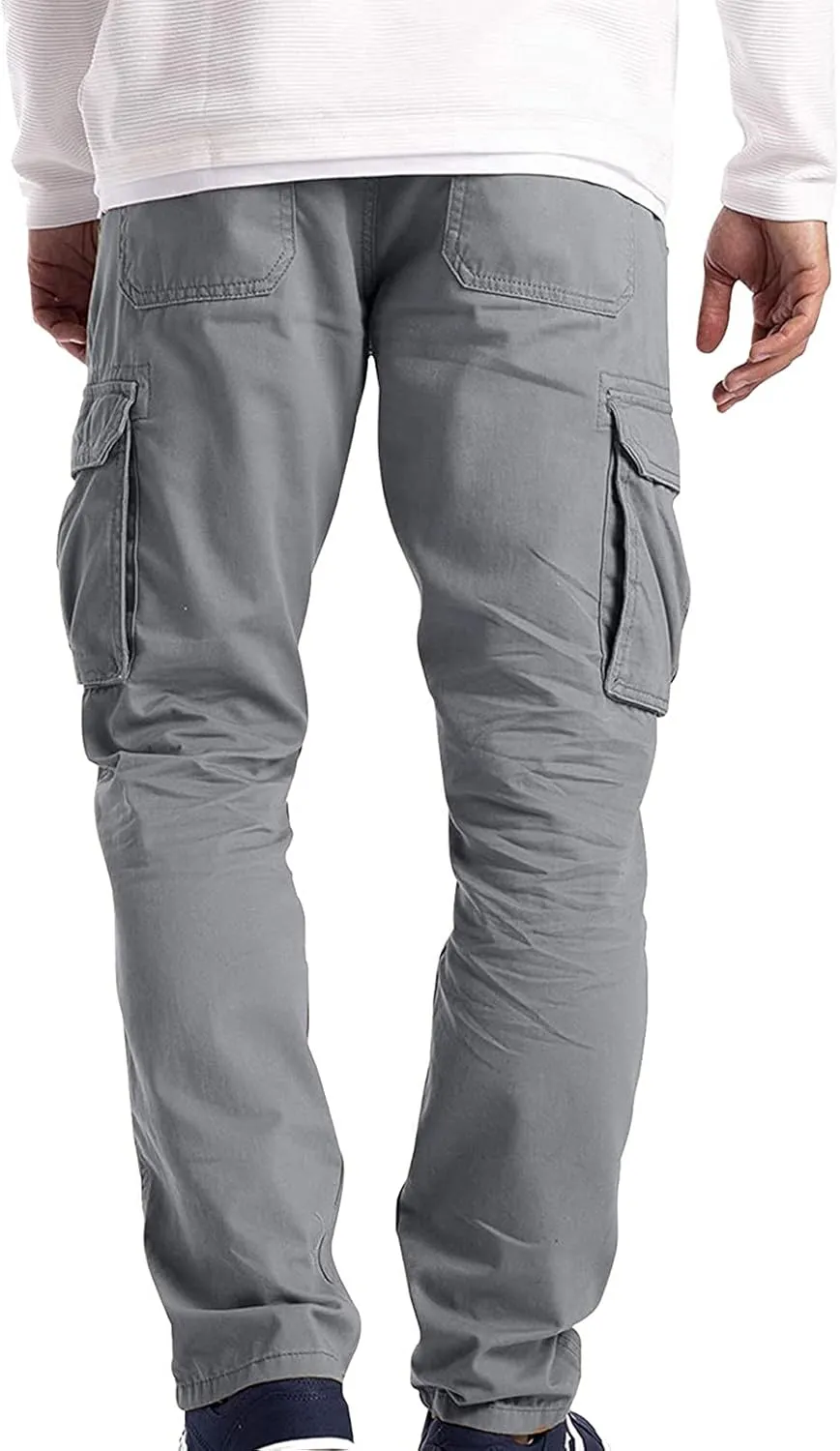 Mens Casual Cargo Pants Solid Color Cotton Linen Trousers Straight Leg Joggers Outdoor Wearing Pants with Pockets