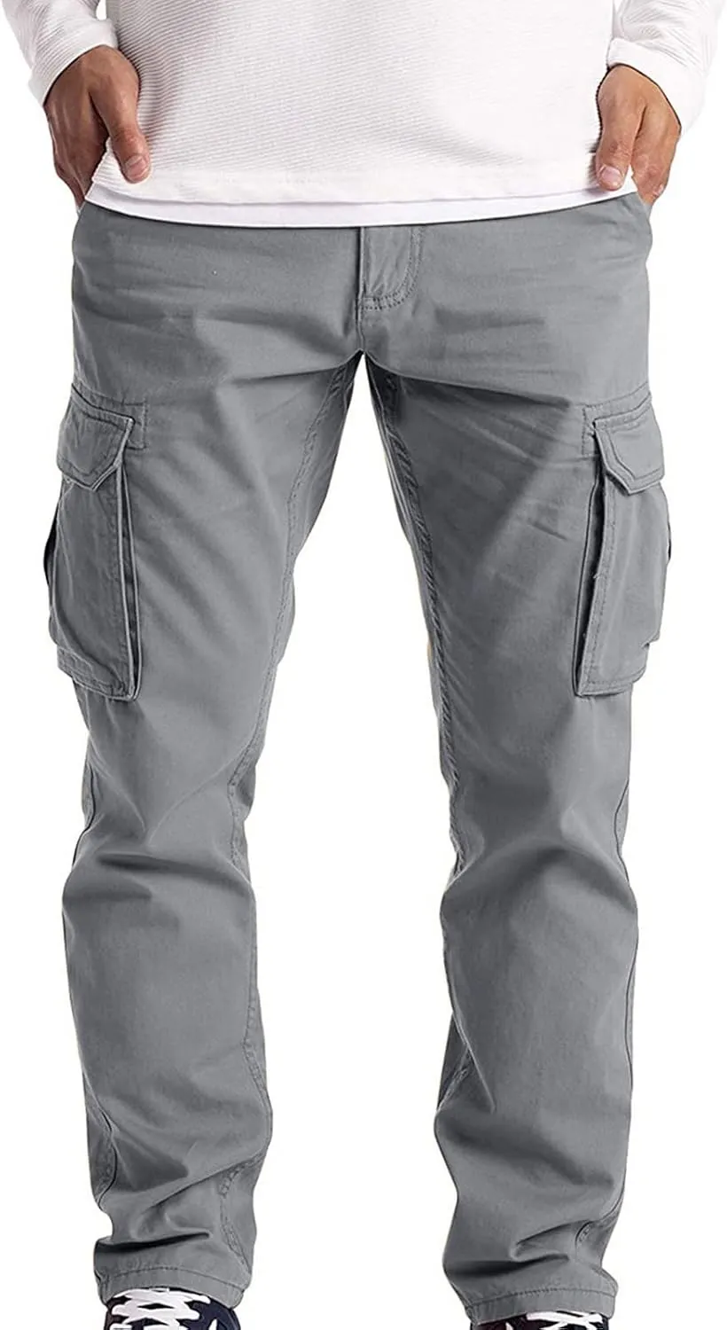 Mens Casual Cargo Pants Solid Color Cotton Linen Trousers Straight Leg Joggers Outdoor Wearing Pants with Pockets