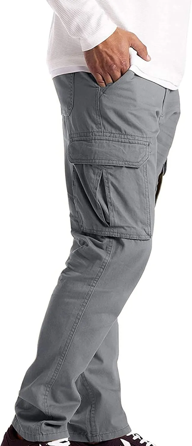 Mens Casual Cargo Pants Solid Color Cotton Linen Trousers Straight Leg Joggers Outdoor Wearing Pants with Pockets