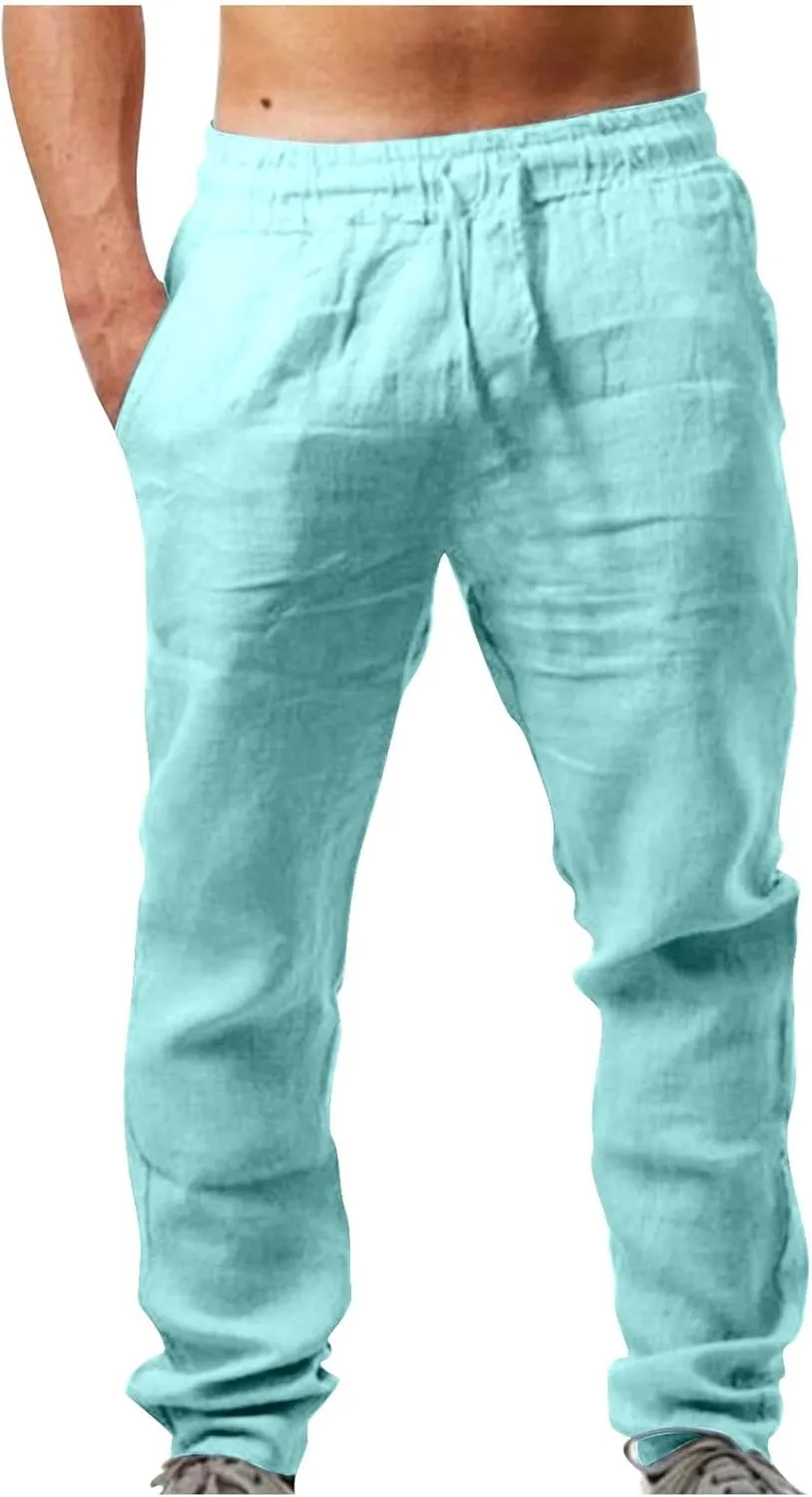 Men's Casual Linen Pants Drawstring Elastic Waist Summer Pants Lightweight Loose Fit Trousers Breathable Work Pants