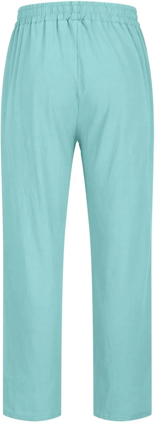 Men's Casual Linen Pants Drawstring Elastic Waist Summer Pants Lightweight Loose Fit Trousers Breathable Work Pants