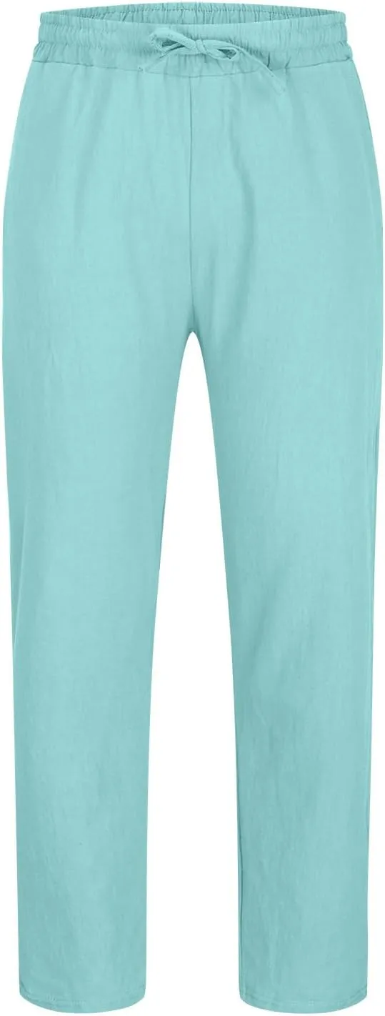 Men's Casual Linen Pants Drawstring Elastic Waist Summer Pants Lightweight Loose Fit Trousers Breathable Work Pants