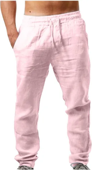 Men's Casual Linen Pants Drawstring Elastic Waist Summer Pants Lightweight Loose Fit Trousers Breathable Work Pants