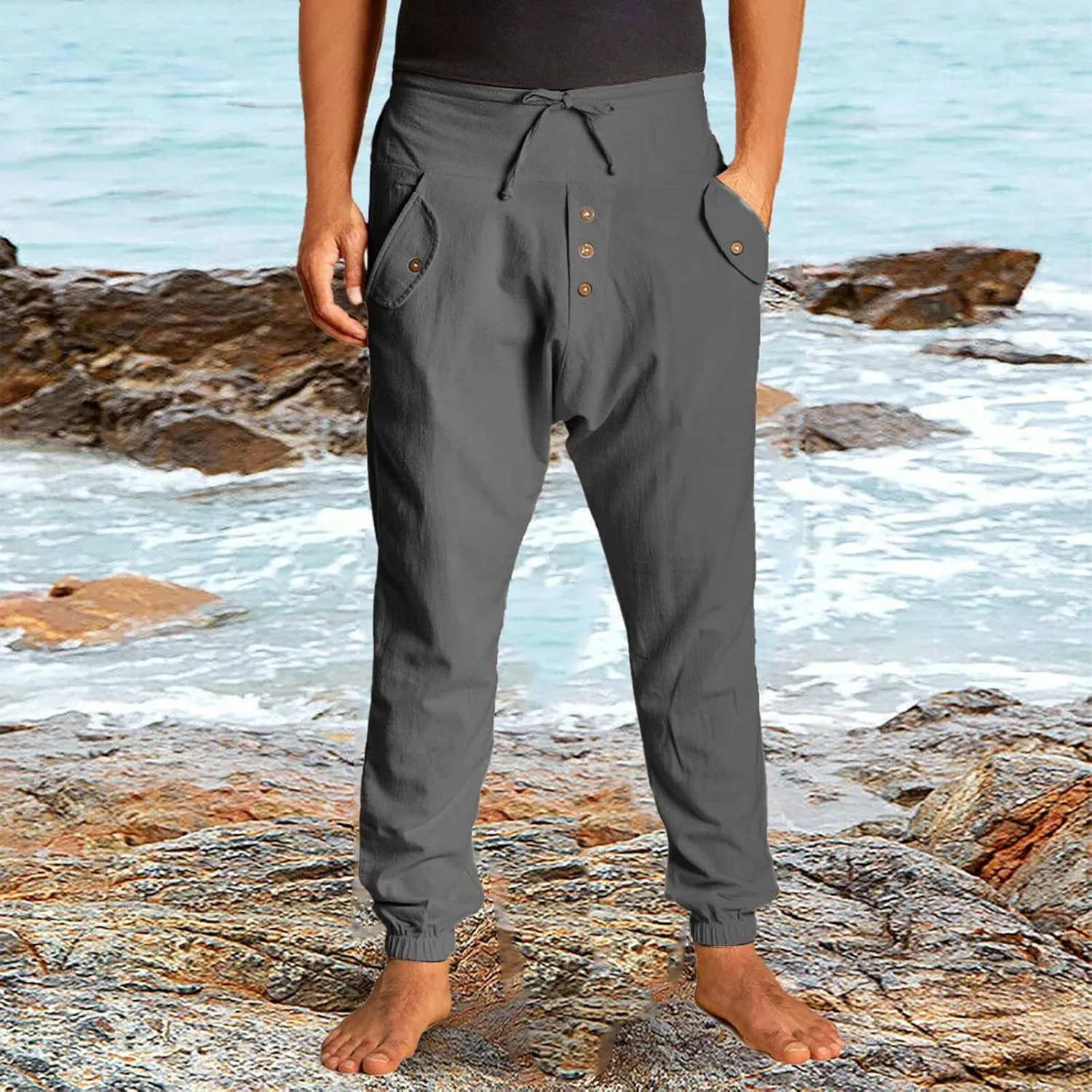 Men's Casual Long Pants Linen Pants - Loose Lightweight Casual Trousers Summer Yoga Beach Pants Breathable Sweatpants