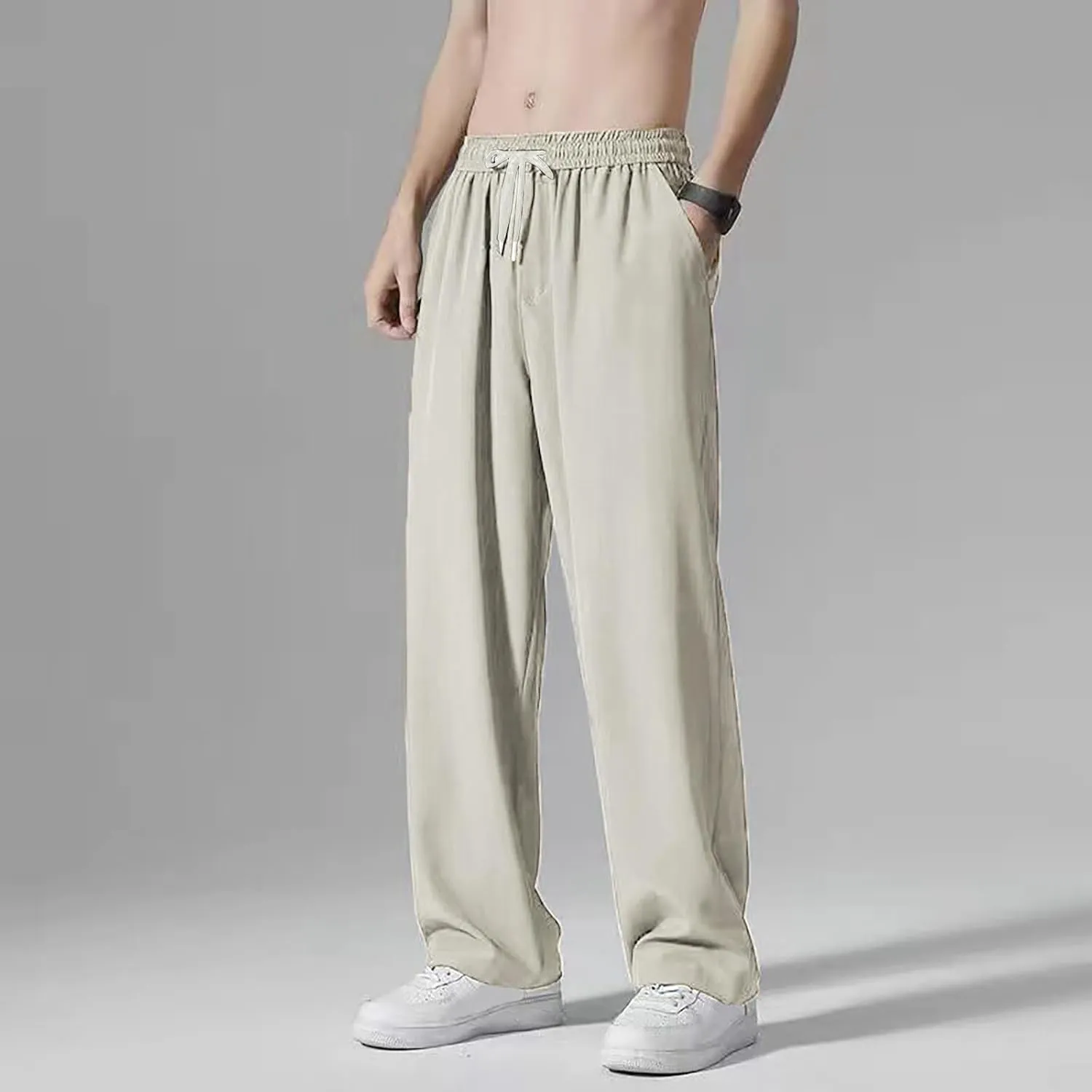 Mens Casual Pants Elastic Waist Drawstring Straight Wide Leg Sweatpants Baggy Lightweight Summer Breathable Athletic Pants