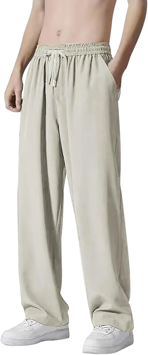 Mens Casual Pants Elastic Waist Drawstring Straight Wide Leg Sweatpants Baggy Lightweight Summer Breathable Athletic Pants