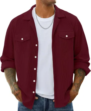 Mens Corduroy Jacket Shirts Long Sleeve Button Down Shacket Jacket with Flap Pockets