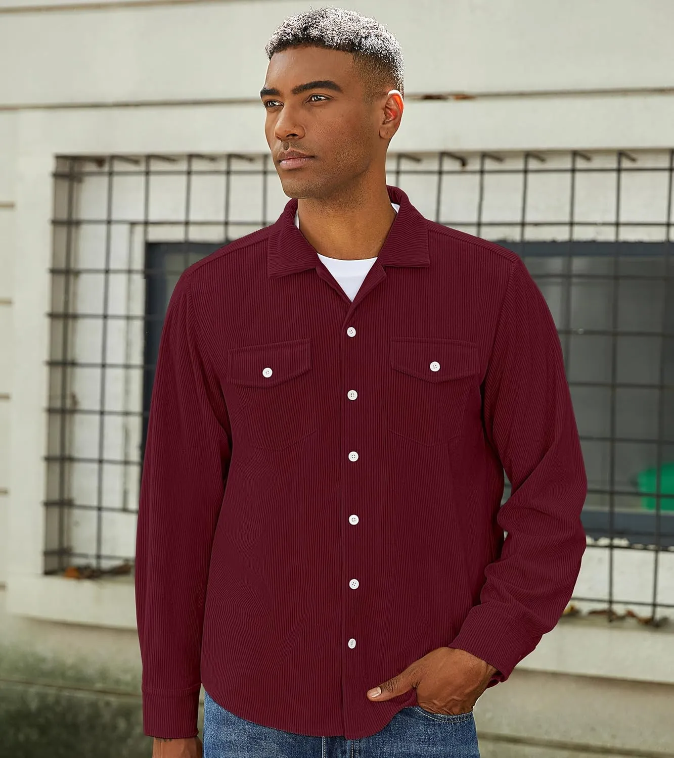 Mens Corduroy Jacket Shirts Long Sleeve Button Down Shacket Jacket with Flap Pockets