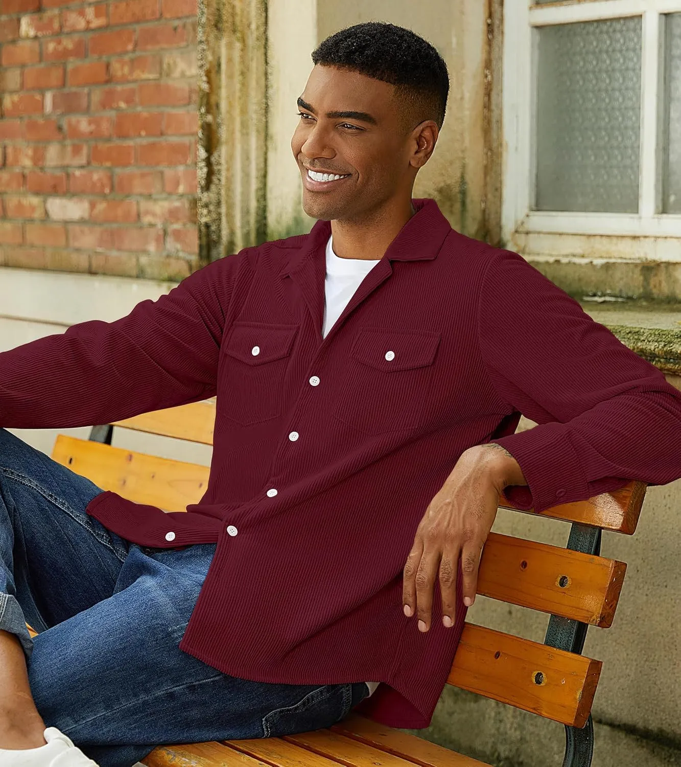Mens Corduroy Jacket Shirts Long Sleeve Button Down Shacket Jacket with Flap Pockets