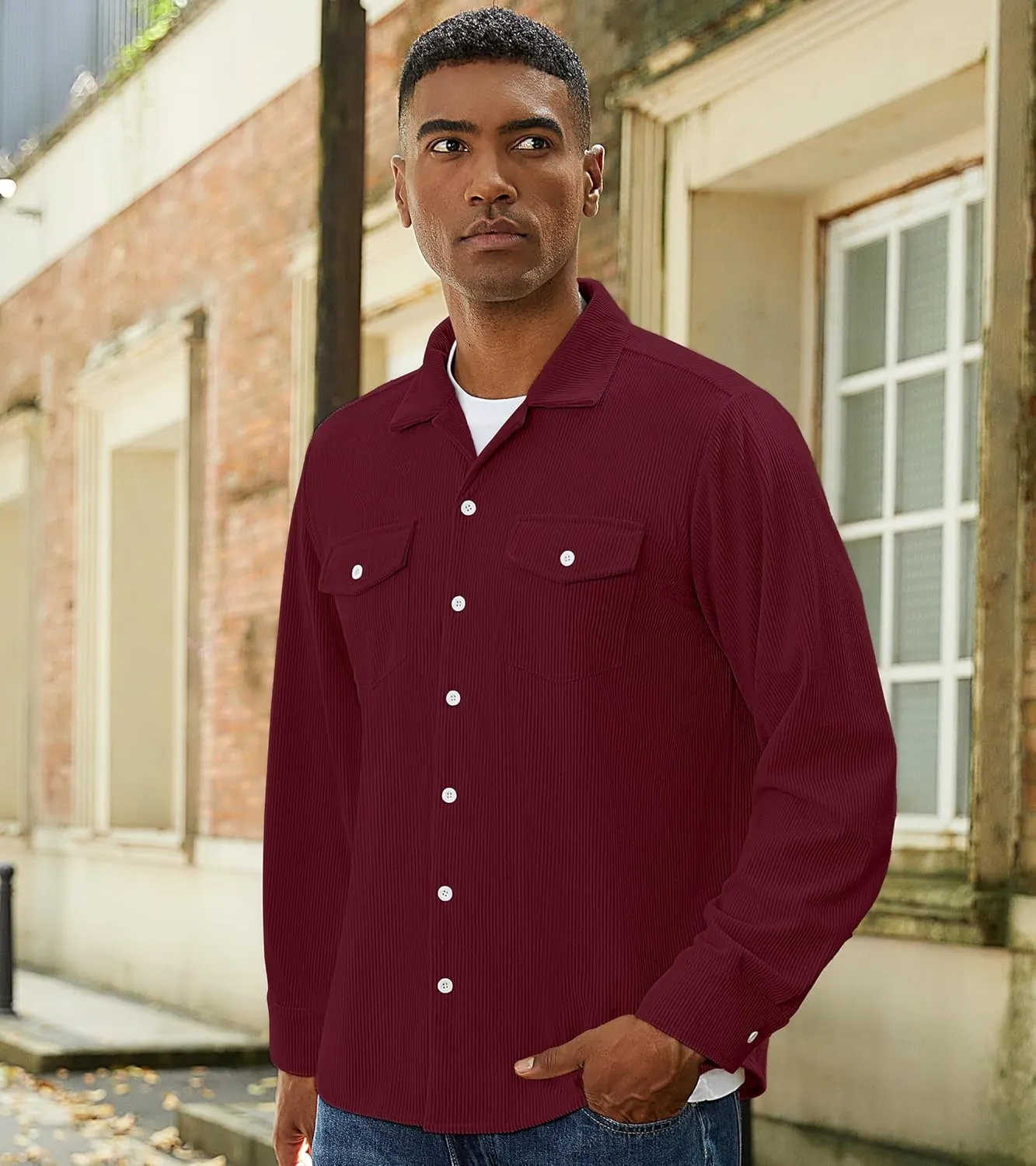 Mens Corduroy Jacket Shirts Long Sleeve Button Down Shacket Jacket with Flap Pockets