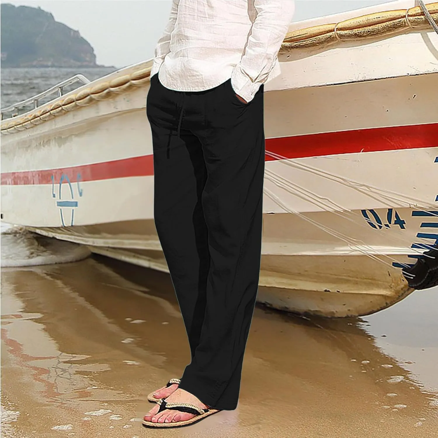 Mens Cotton Linen Pants Solid Color Summer Breathable Trouser Straight Leg Tactical Pants with Multi Pockets