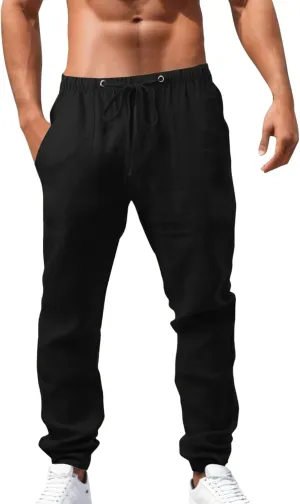 Mens Cotton Linen Pants Solid Color Summer Breathable Trouser Straight Leg Tactical Pants with Multi Pockets