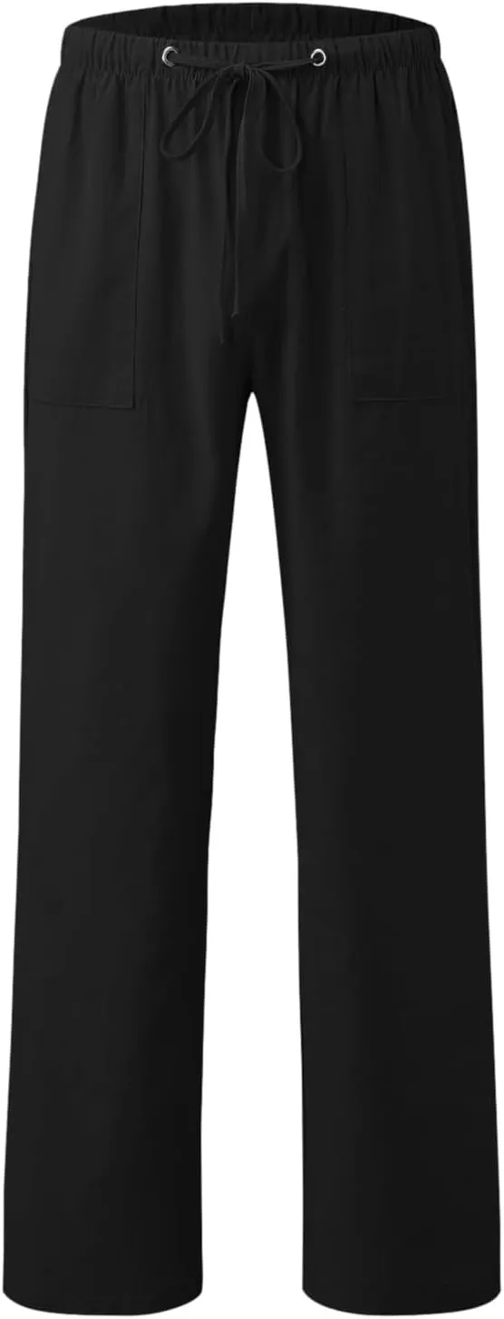 Mens Cotton Linen Pants Solid Color Summer Breathable Trouser Straight Leg Tactical Pants with Multi Pockets