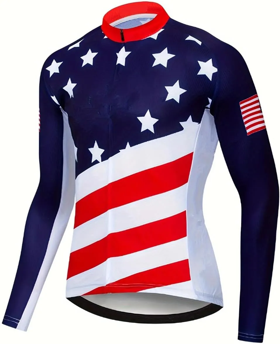 Men's Cycling Jersey Long Sleeve Biking Running Shirt Full Zipper Back Pocket Breathable Quick Dry Bicycle Jersey