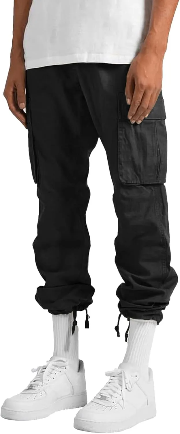 Mens Drawstring Cargo Pants Casual Solid Stretch Waist Sweatpants Running Athletic Tactical Trousers with Pockets
