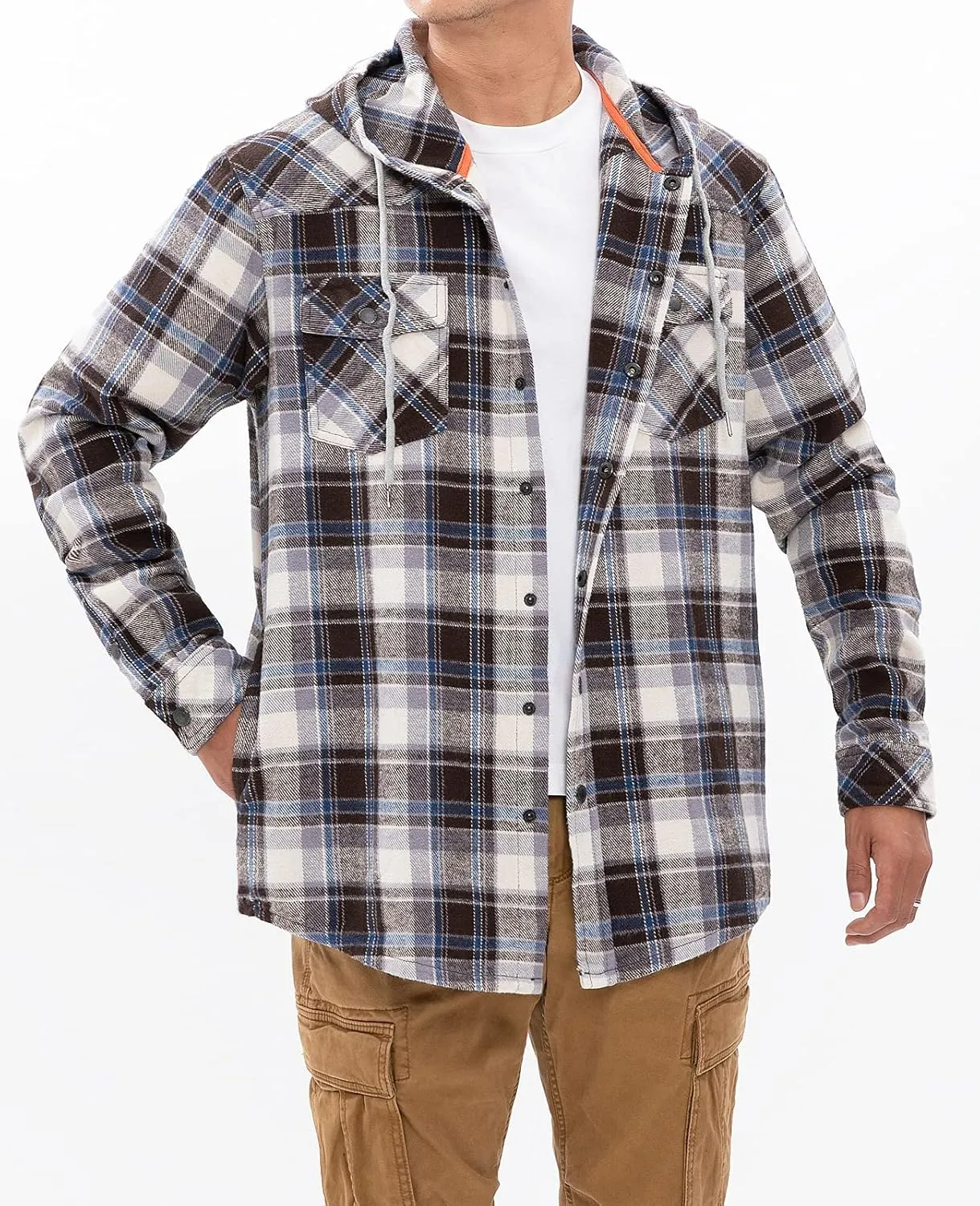Men's Hooded Plaid Flannel Shirt Jacket Snap Button Flannel Hoodie with Hand Pockets (Heavyweight 10.6 Oz Fabric)