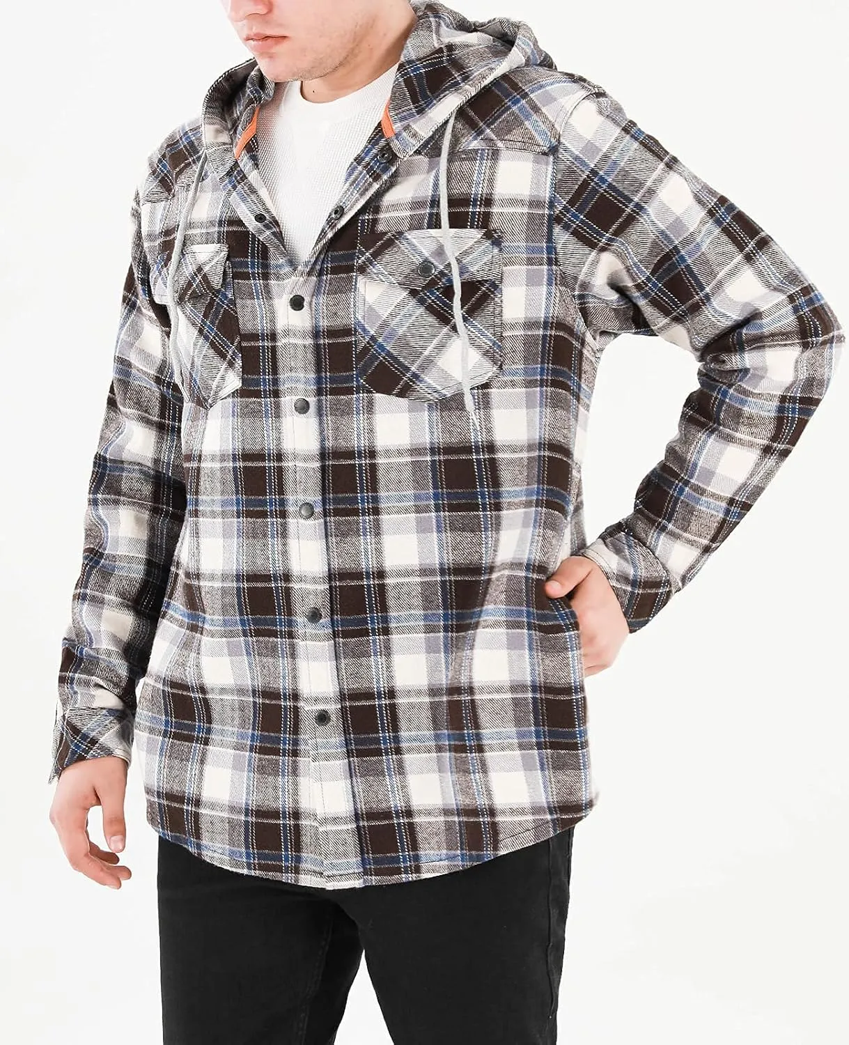 Men's Hooded Plaid Flannel Shirt Jacket Snap Button Flannel Hoodie with Hand Pockets (Heavyweight 10.6 Oz Fabric)