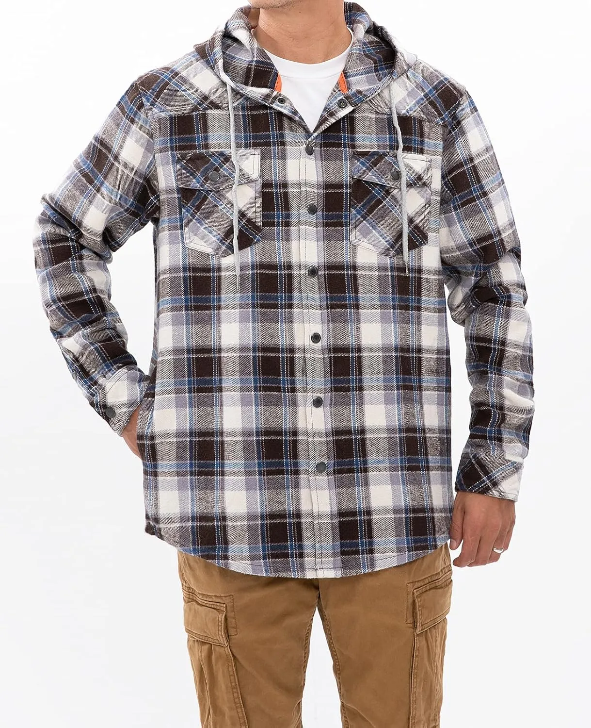 Men's Hooded Plaid Flannel Shirt Jacket Snap Button Flannel Hoodie with Hand Pockets (Heavyweight 10.6 Oz Fabric)