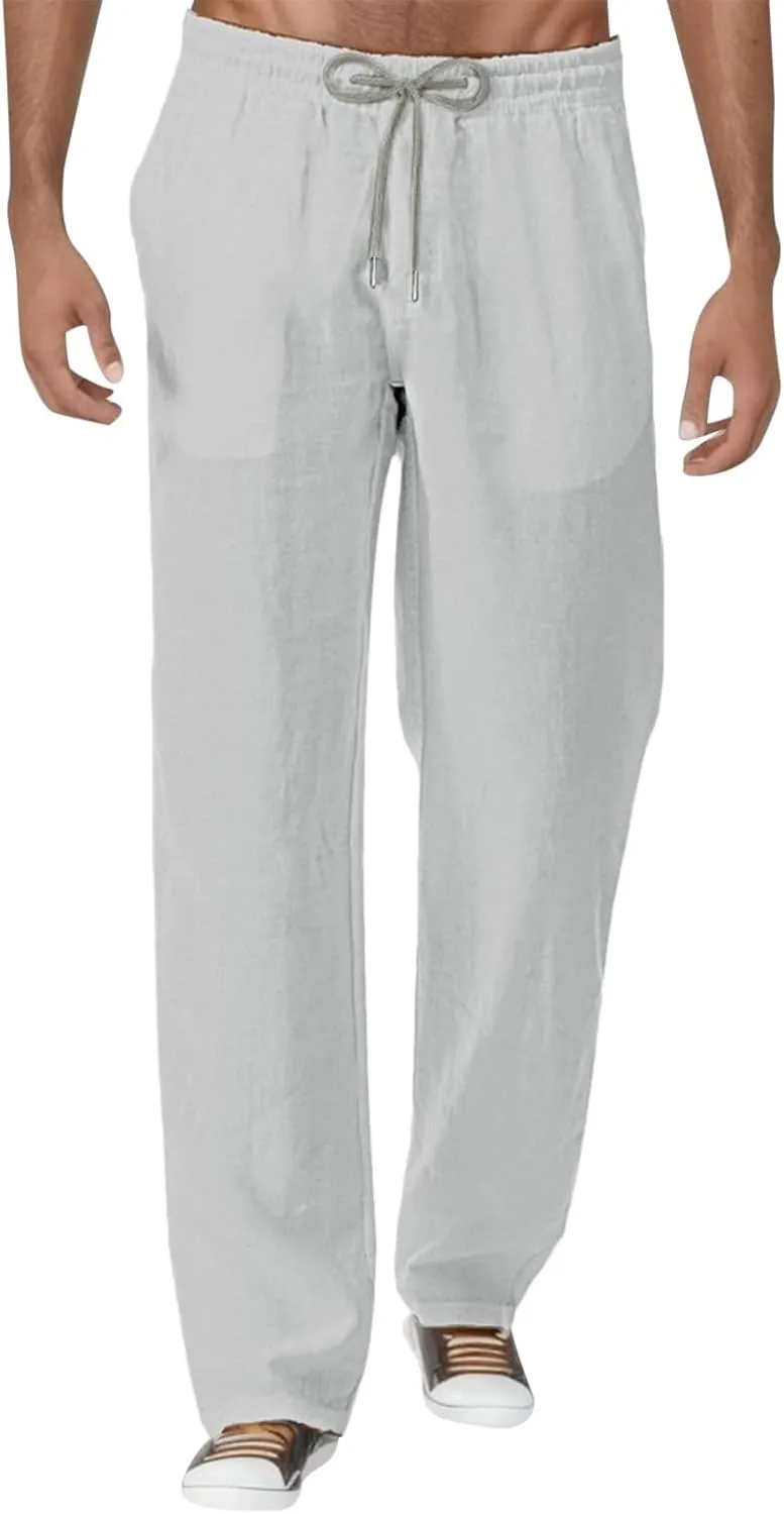 Mens Linen Pants Loose Fit Lightweight Sweatpants Casual Wide Leg Breathable Drawstring Waist Summer Beach Trousers