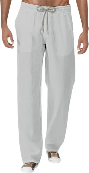 Mens Linen Pants Loose Fit Lightweight Sweatpants Casual Wide Leg Breathable Drawstring Waist Summer Beach Trousers