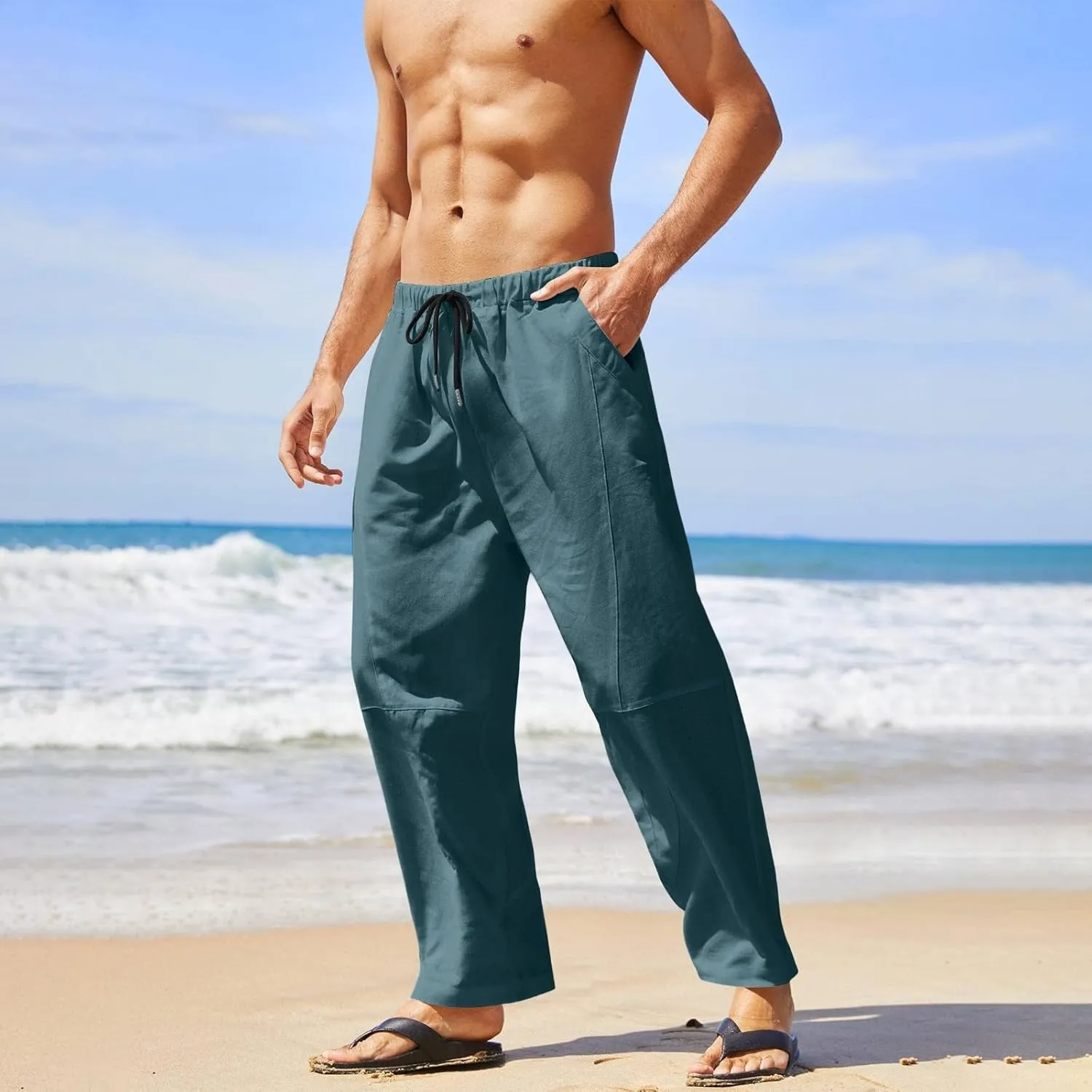 Mens Linen Pants with Pockets Casual Lightweight Breathable Summer Pant Straight Leg Drawstring Holiday Daily Sweetpants