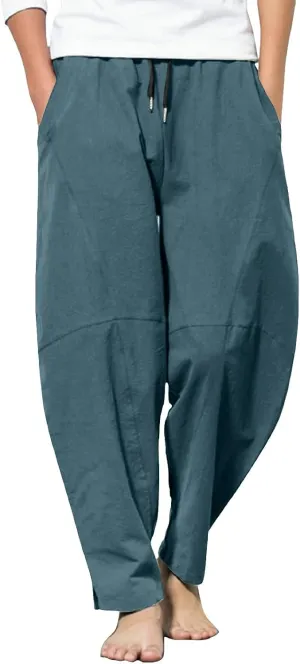Mens Linen Pants with Pockets Casual Lightweight Breathable Summer Pant Straight Leg Drawstring Holiday Daily Sweetpants