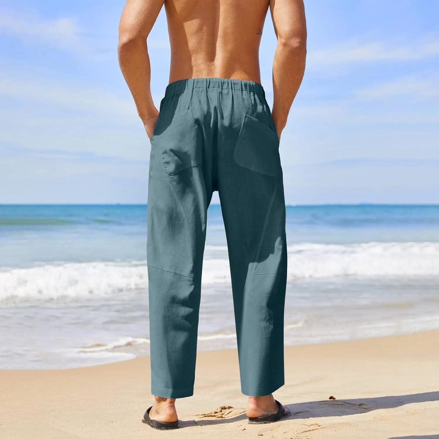 Mens Linen Pants with Pockets Casual Lightweight Breathable Summer Pant Straight Leg Drawstring Holiday Daily Sweetpants