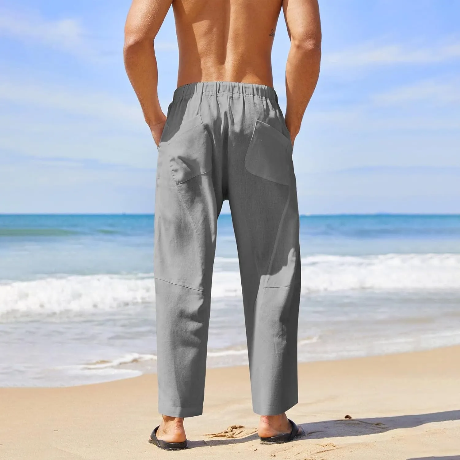 Mens Linen Pants with Pockets Casual Lightweight Breathable Summer Pant Straight Leg Drawstring Holiday Daily Sweetpants