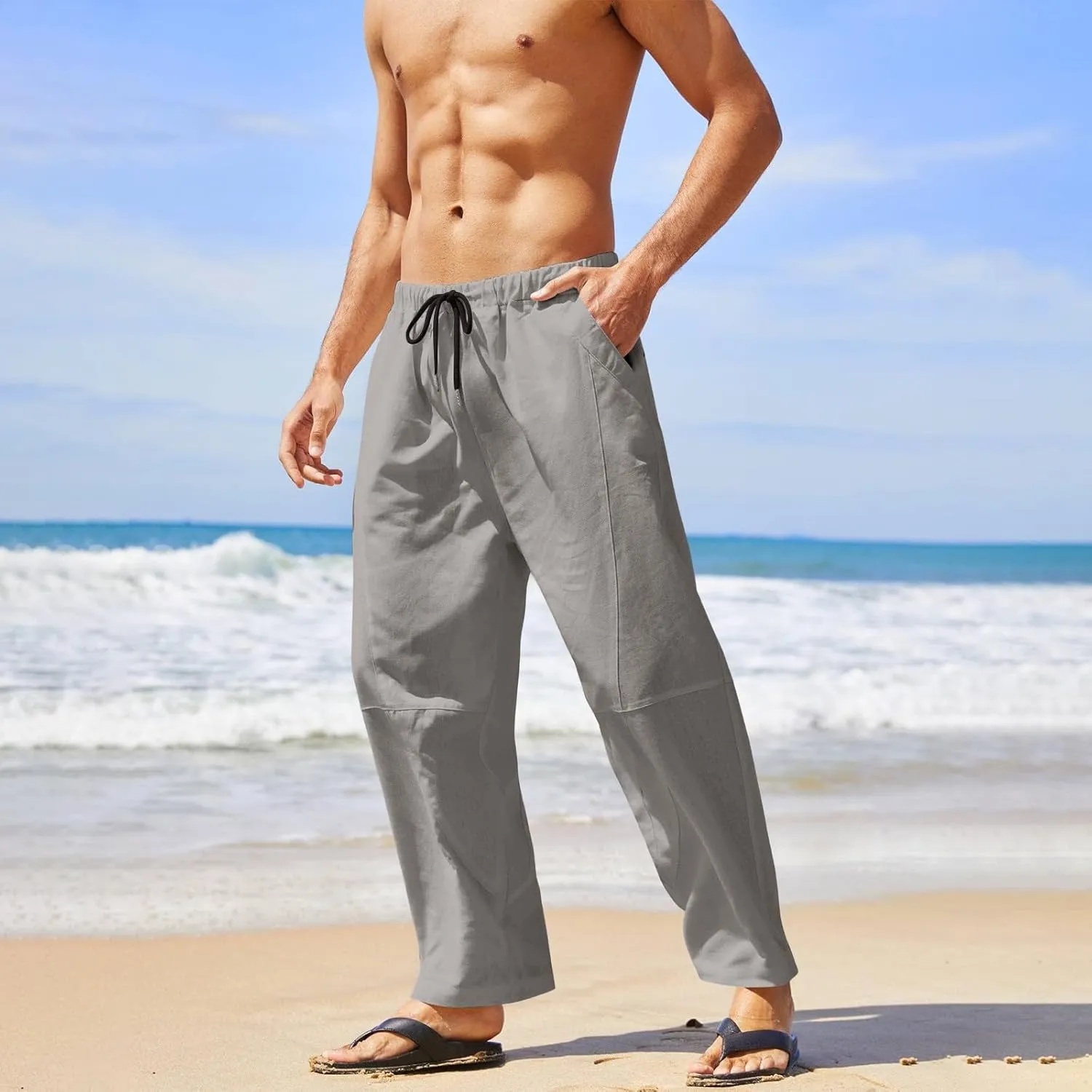 Mens Linen Pants with Pockets Casual Lightweight Breathable Summer Pant Straight Leg Drawstring Holiday Daily Sweetpants