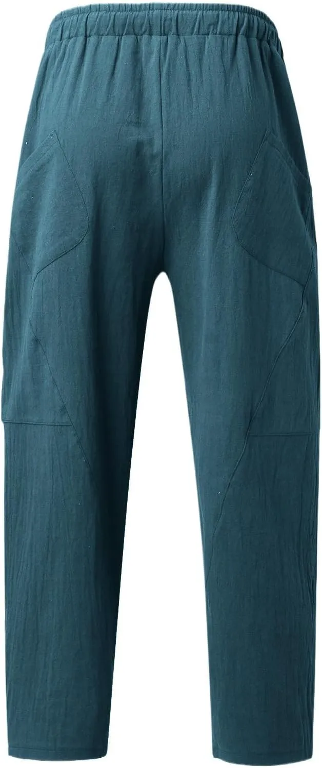 Mens Linen Pants with Pockets Casual Lightweight Breathable Summer Pant Straight Leg Drawstring Holiday Daily Sweetpants
