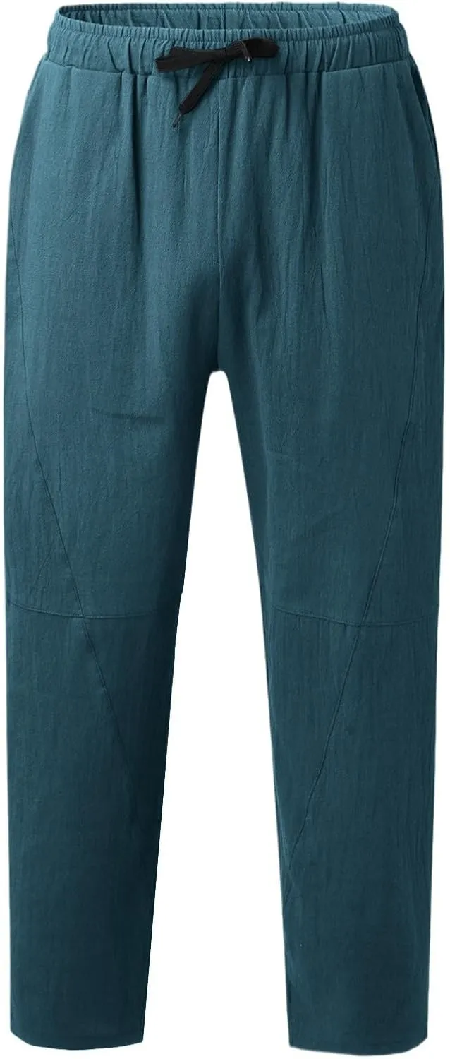 Mens Linen Pants with Pockets Casual Lightweight Breathable Summer Pant Straight Leg Drawstring Holiday Daily Sweetpants