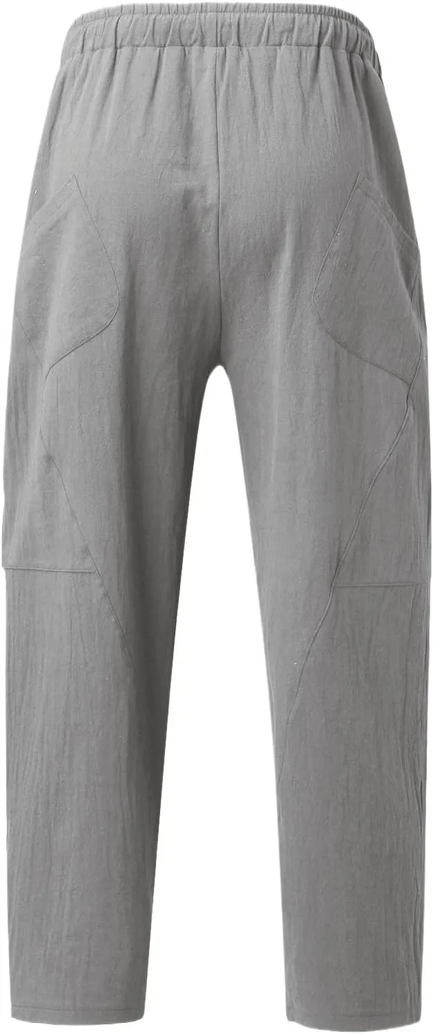 Mens Linen Pants with Pockets Casual Lightweight Breathable Summer Pant Straight Leg Drawstring Holiday Daily Sweetpants